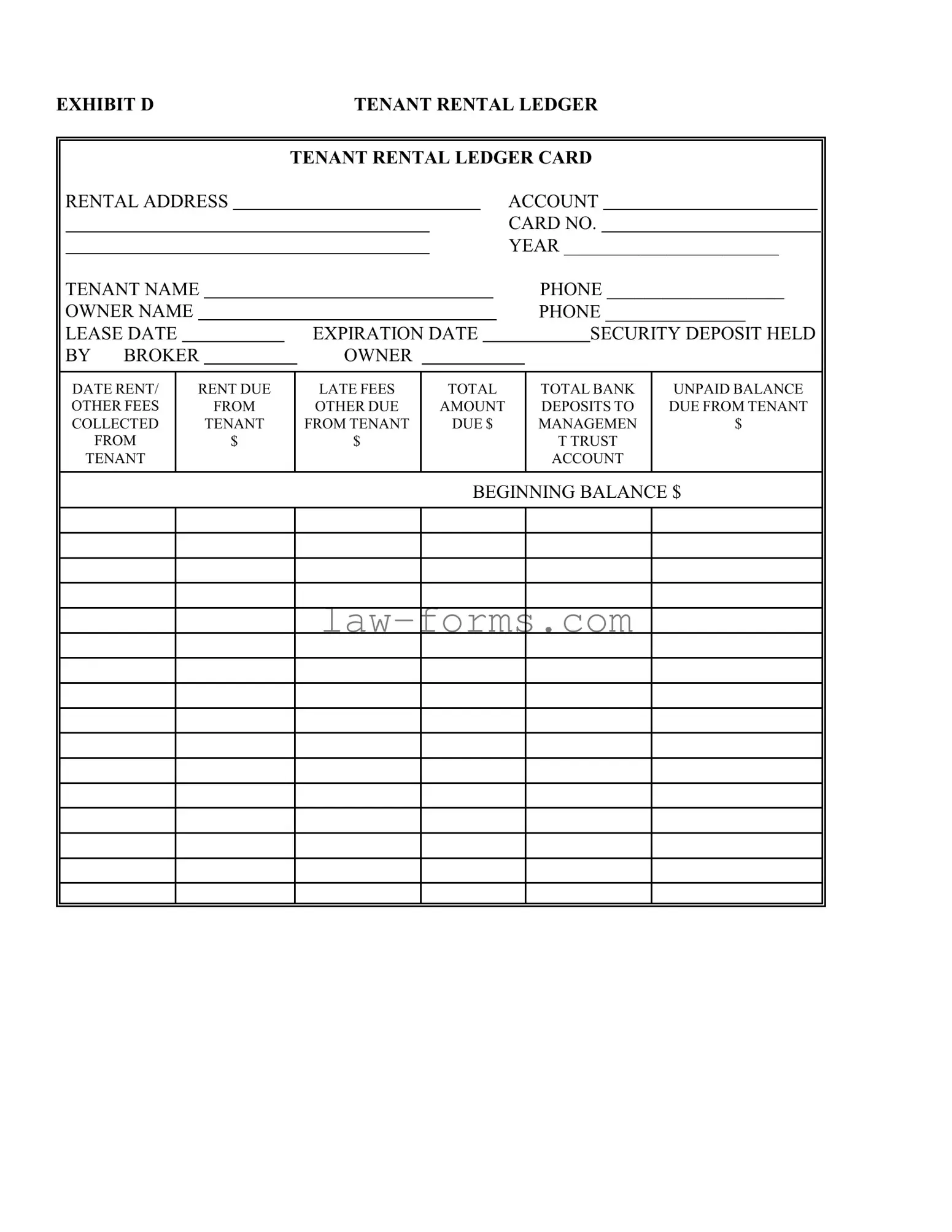 Tenant Ledger Card PDF Template