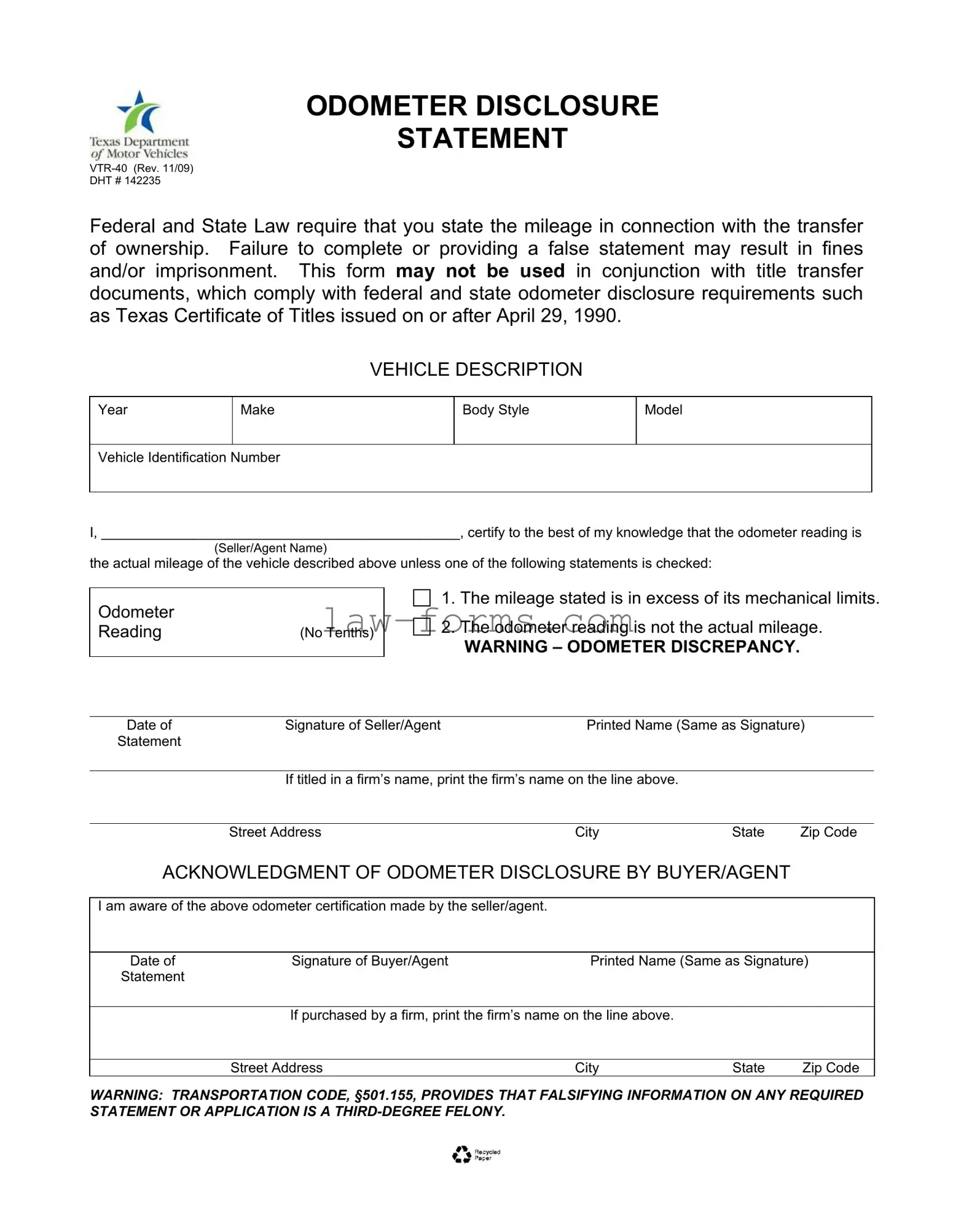 Texas Odometer Statement PDF Template