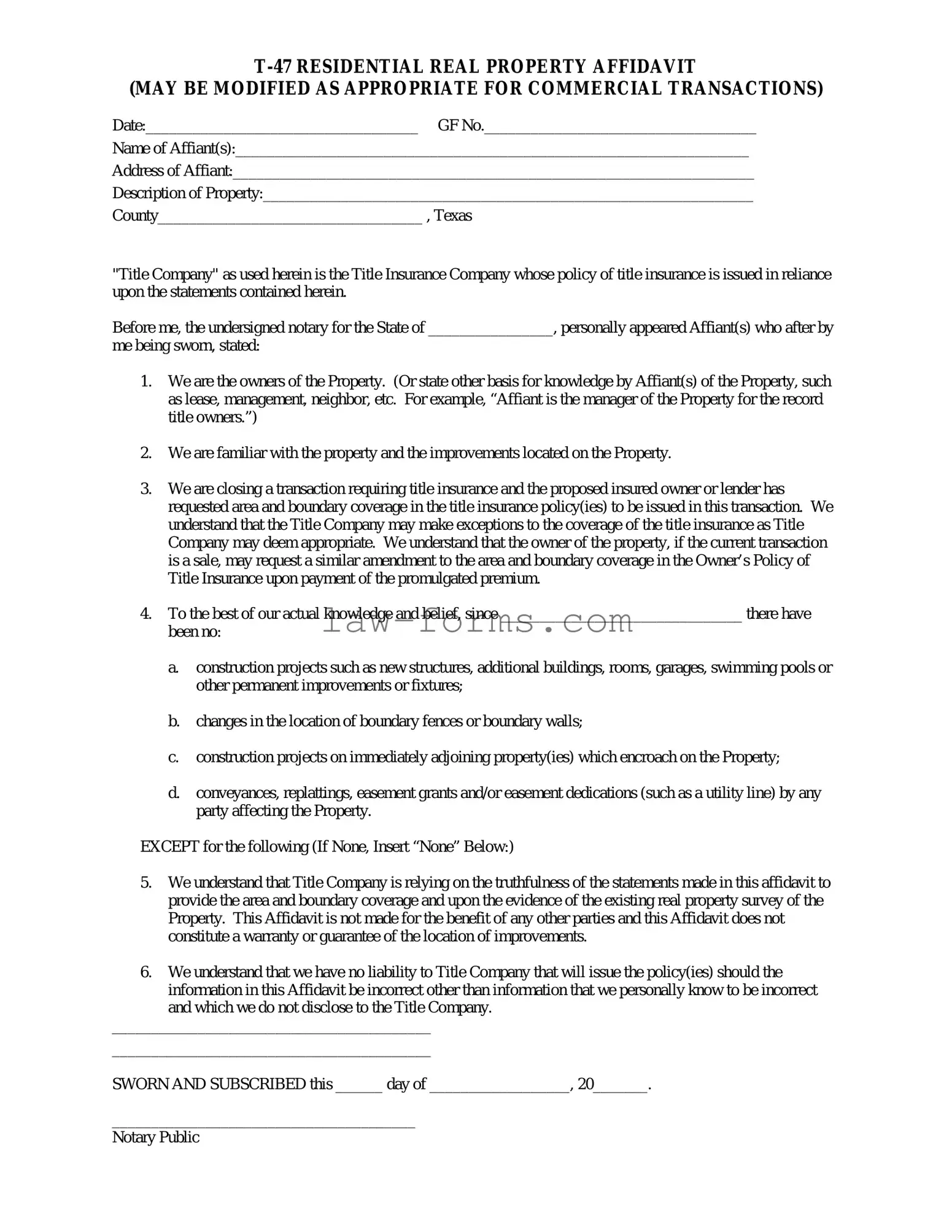Texas residential property affidavit T-47 PDF Template