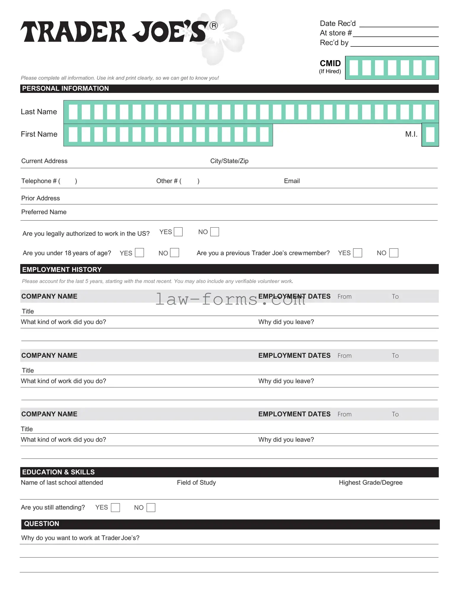 Trader Joe's application PDF Template