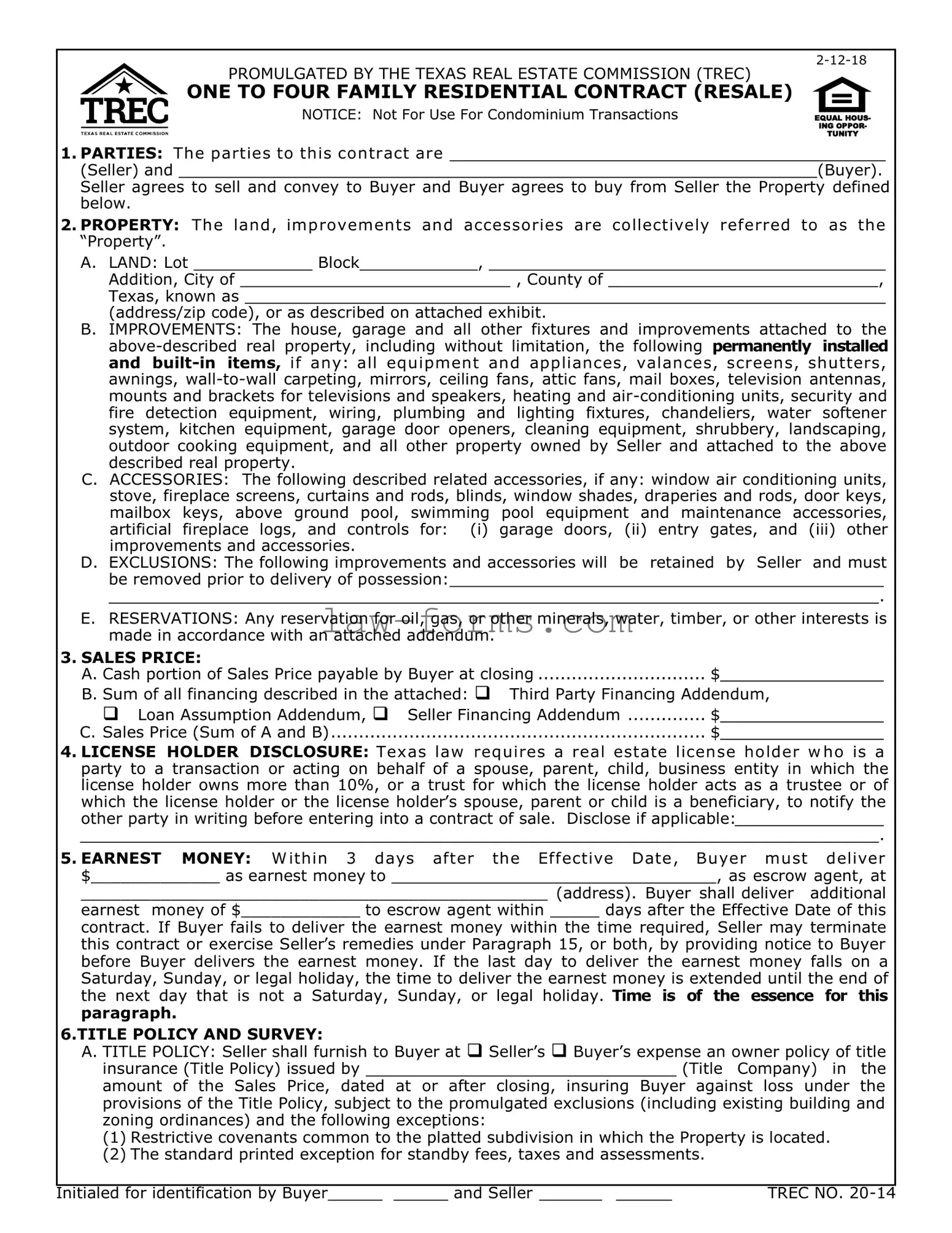 TREC One to four family residential contract PDF Template