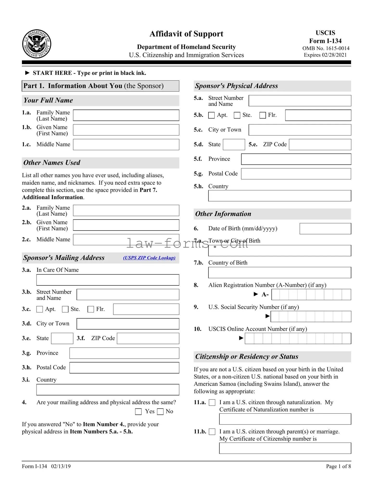 USCIS I-134 PDF Template