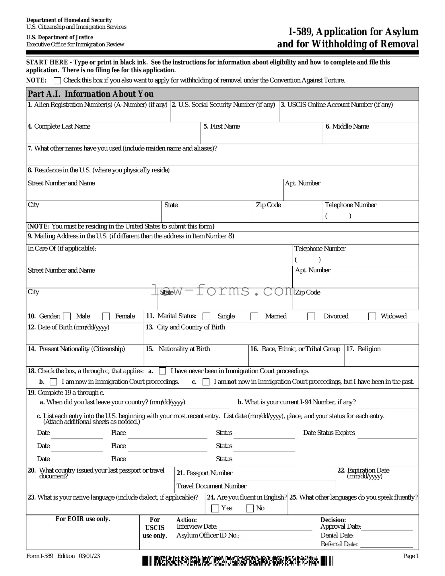 USCIS I-589 PDF Template