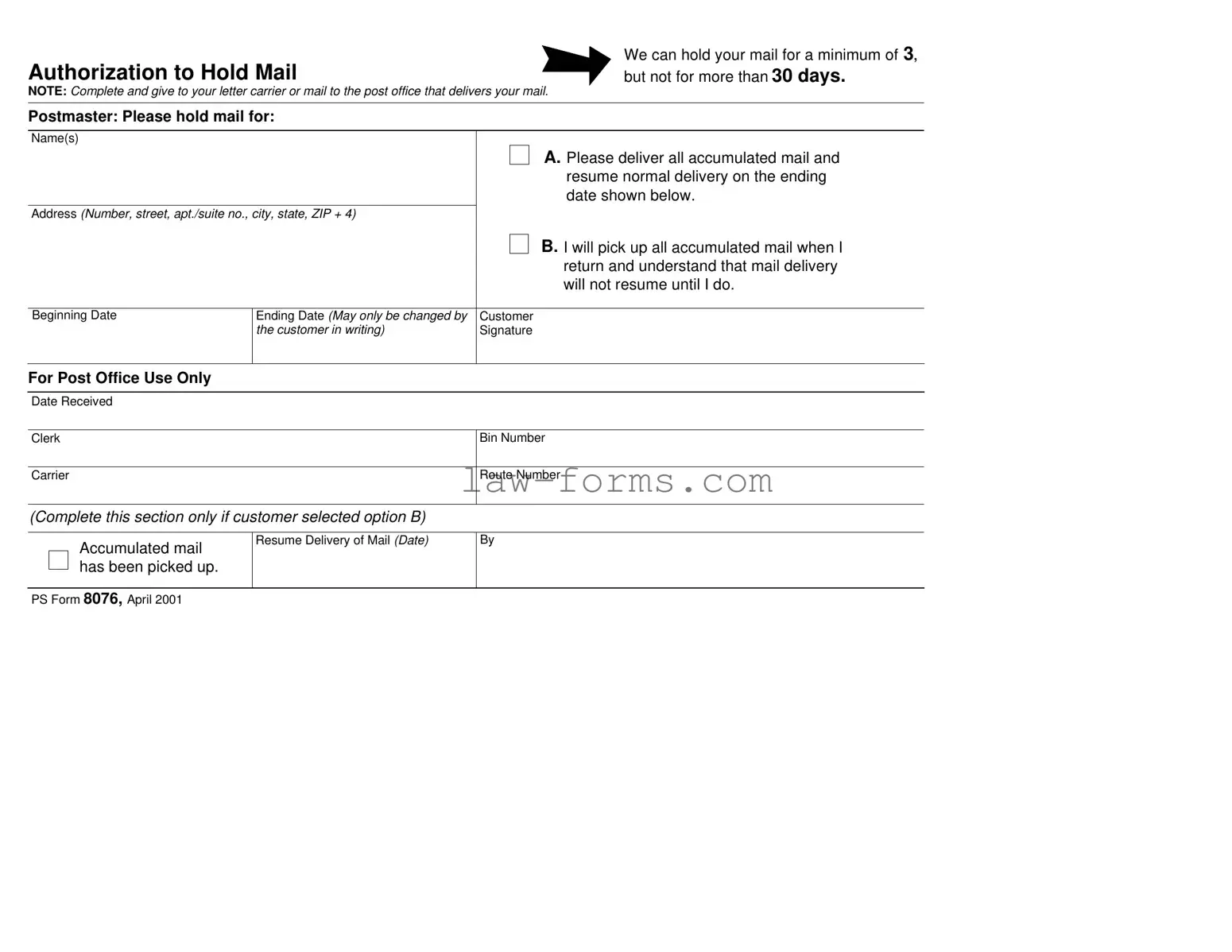 Usps Hold Mail Request PDF Template