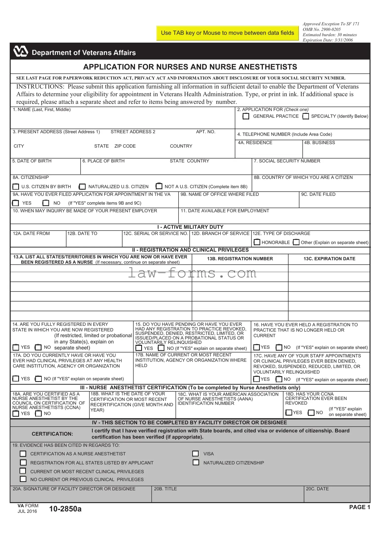 VA 10-2850a PDF Template