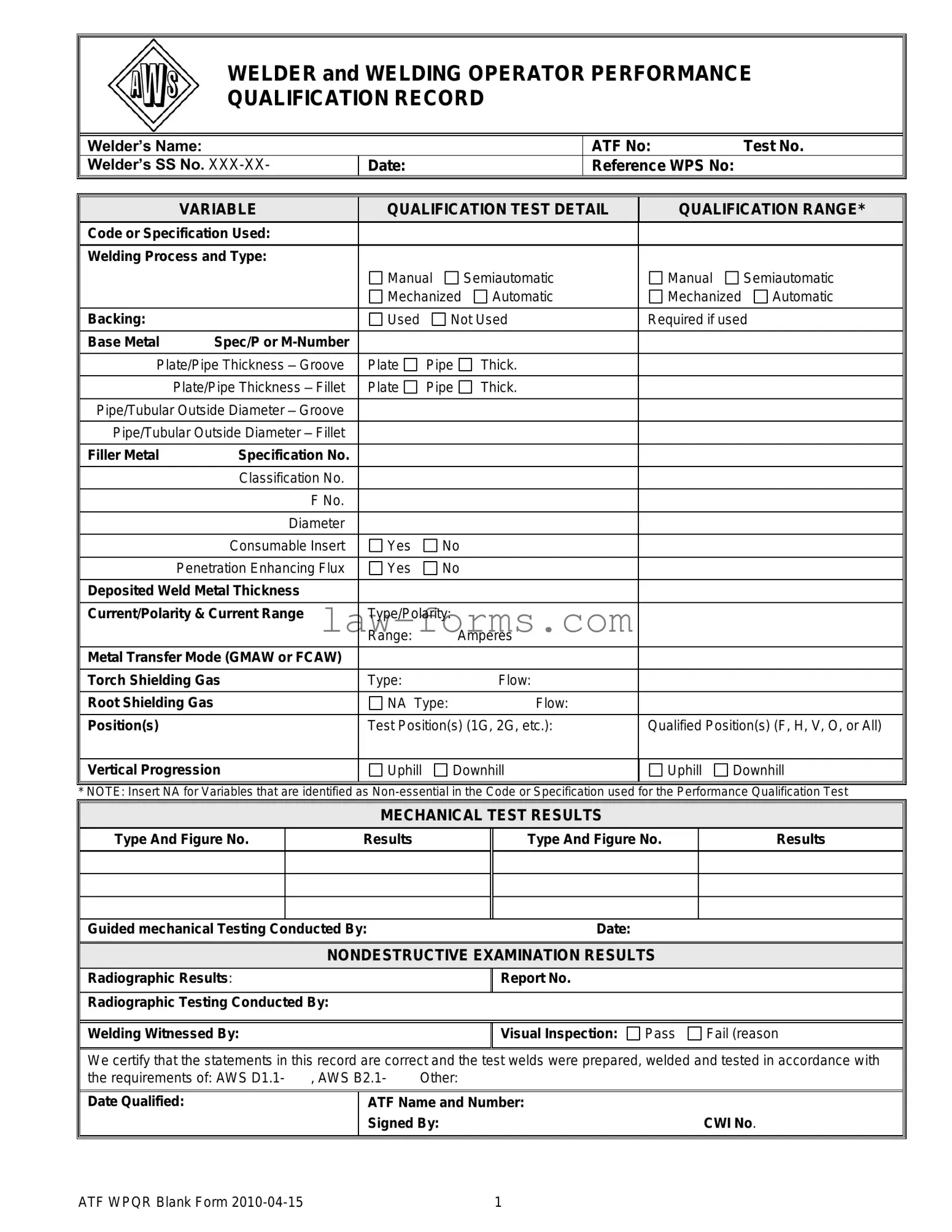 Welder Performance Qualification Record PDF Template