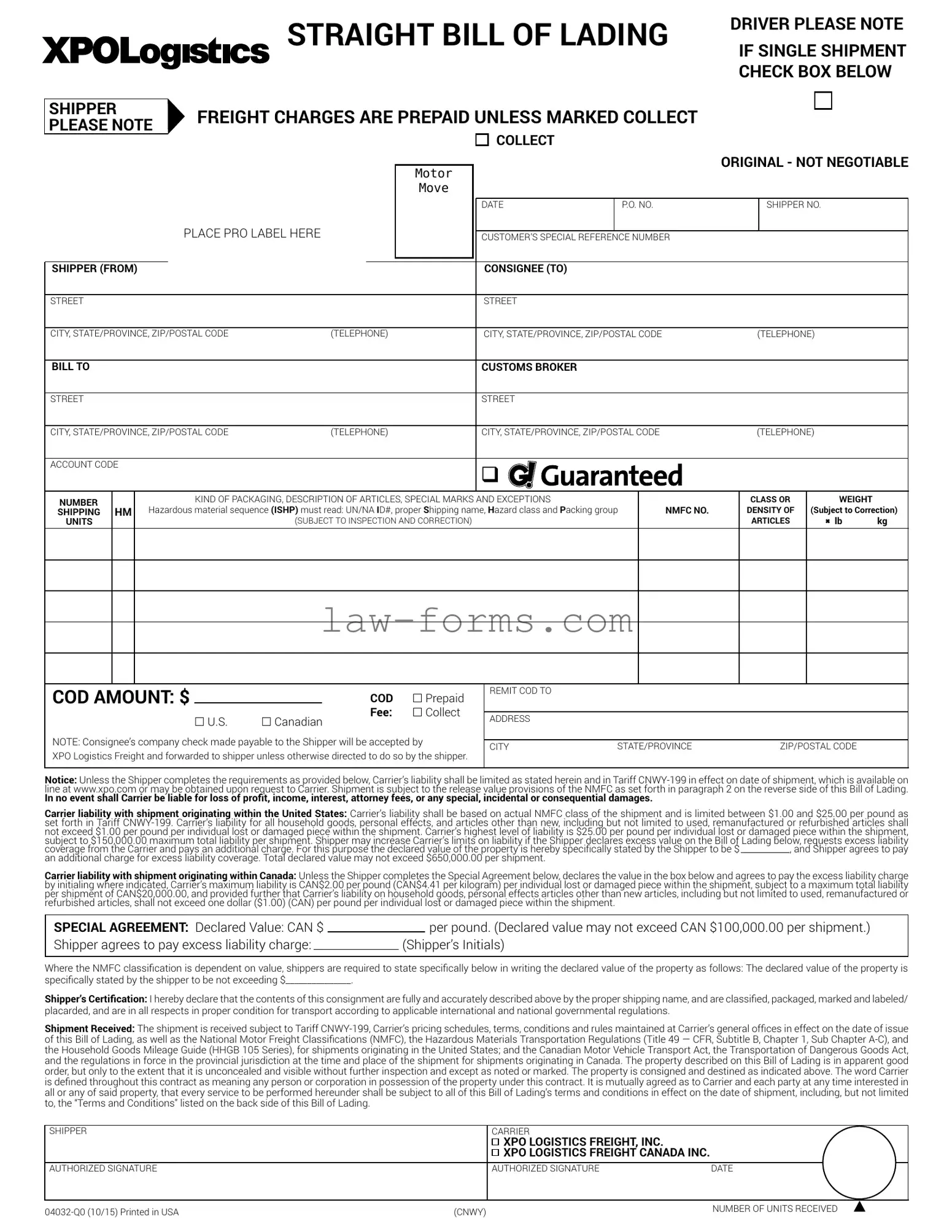 Xpo Logistics Bill Of Lading PDF Template